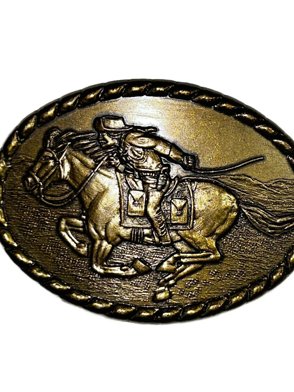Mervyn’s ~ 1981 ~ Pony Express Rider On Galloping Horse ~ Brass Tone Belt Buckle